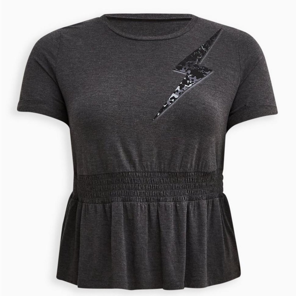 NWT TORRID LoveSick Smocked Waist Tee - Lightning Bolt Camo Grey size 2